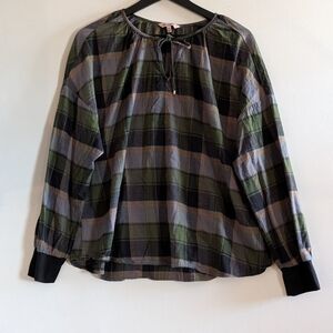 Juicy Couture Plaid Peasant Blouse XXL Green Blue Boho Tie Neck Sheer Top